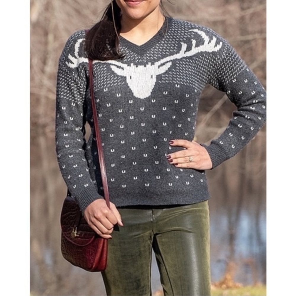 J. Crew SMALL Reindeer 100% Wool Holiday Sweater Gray White Grey